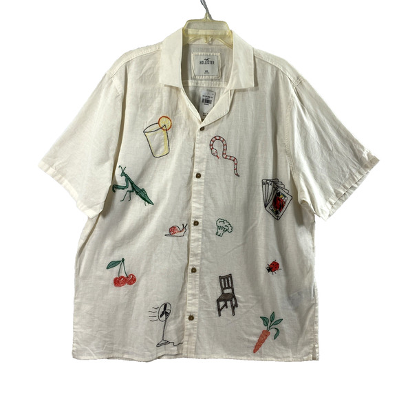 Hollister Shirt Mens XXL Linen Blend‎ Beige Embroidered Button Up Short Sleeve - Picture 1 of 10